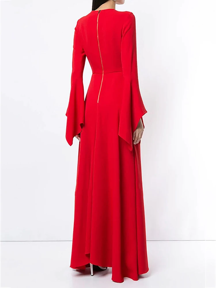 DEAT Elegant Dress Irregular Pleated O-neck Long Sleeve Solid Color Women's Evening Party Dresses 2024 Autumn  New Tide 13DB3078