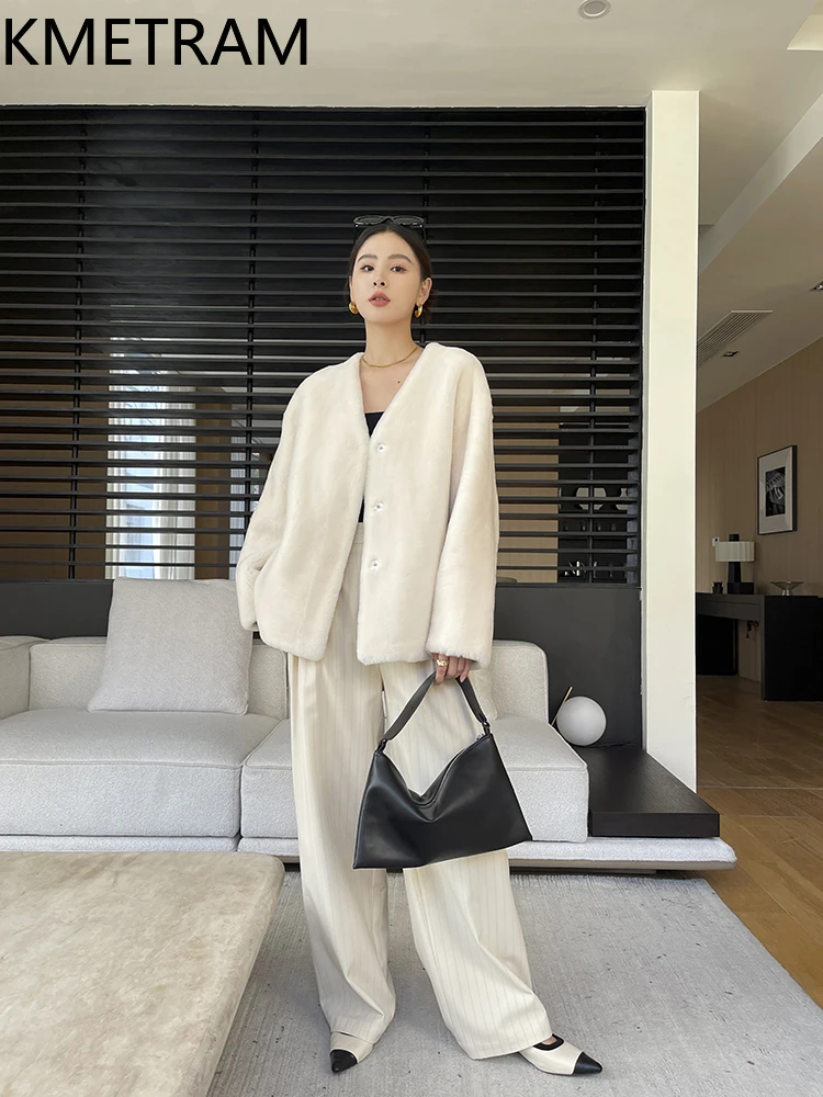 Kurtka damska z prawdziwego futra z wełny merino, dwustronna, krótki płaszcz z futra z dekoltem w serek, odzież zimowa damska 2025 Fourrure