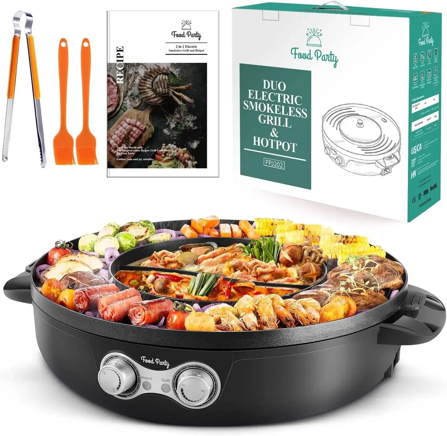 Party DUO Electric Smokeless Grill and Hot Pot, With Separable Cooking Plate, Deluxe Combo of 1 Recipe Book, 1 Tong, 1 Oil Brush