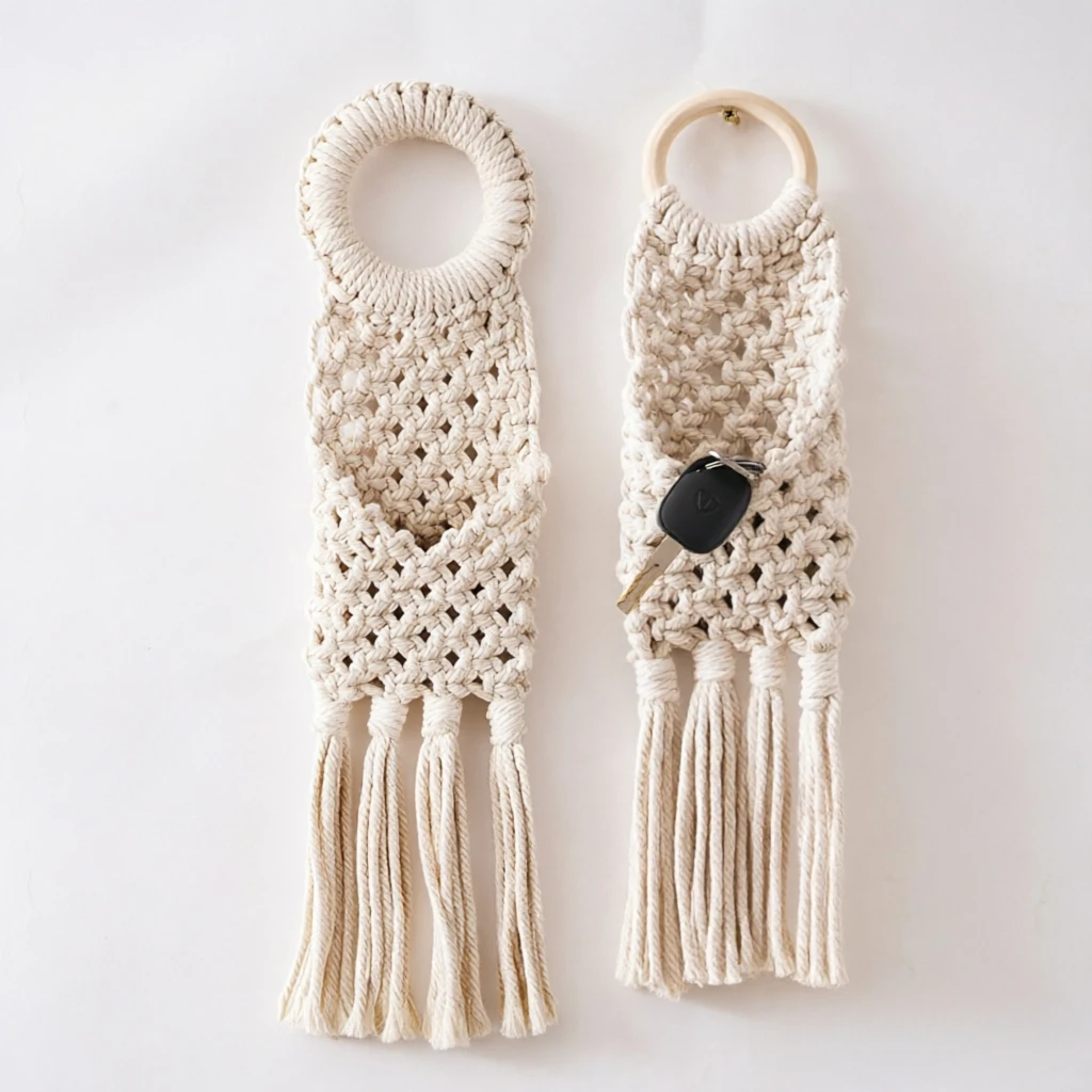 Handwoven Macrame Wall Hanging Cotton Rope Pouch Door Handle Holder Phone Key Wallet Storage Bag Home Decor Tapestry