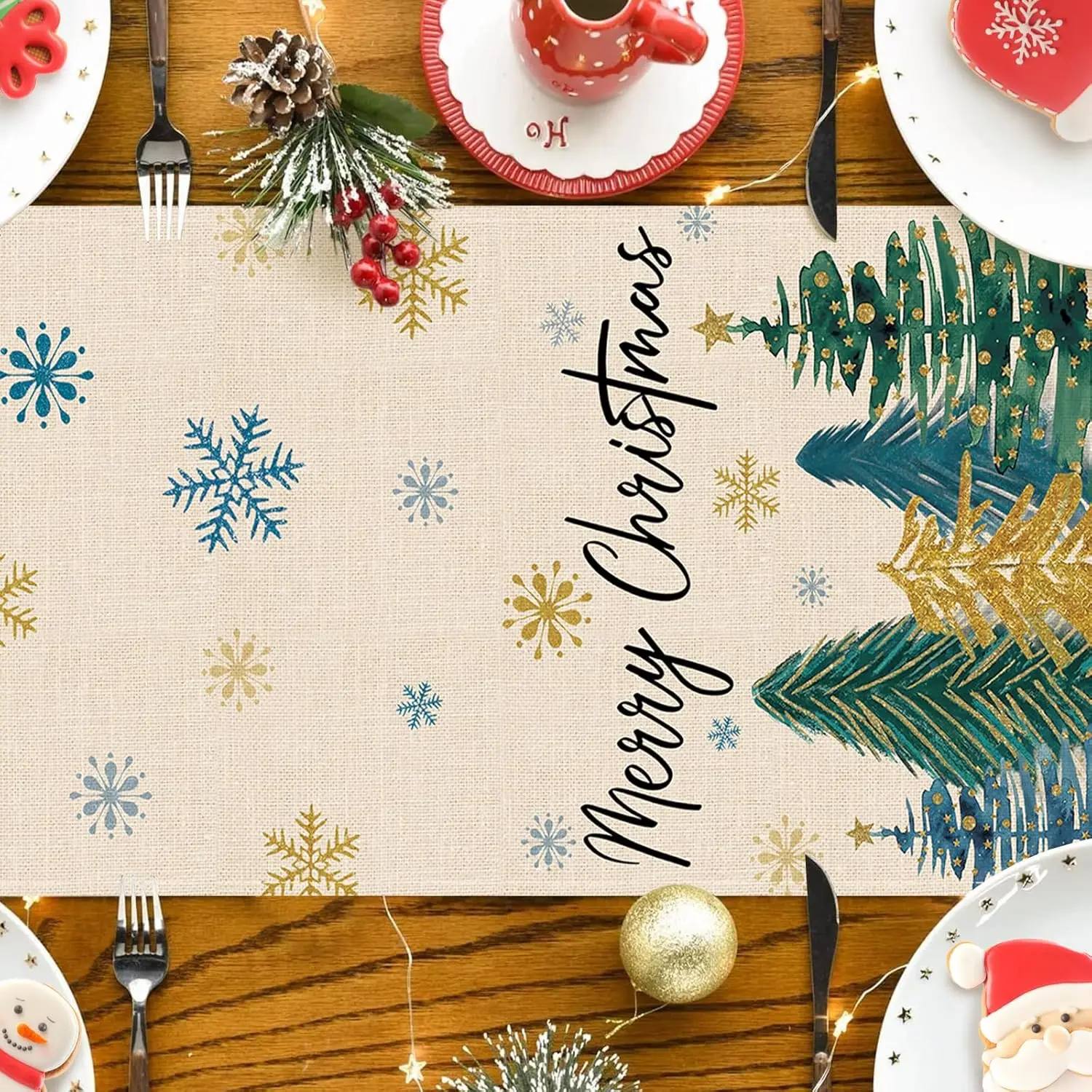 Christmas Blue Gold Snowflakes Linen Table Runner Dresser Scarf Decor Washable Kitchen Dining Table Runners Christmas Decoration