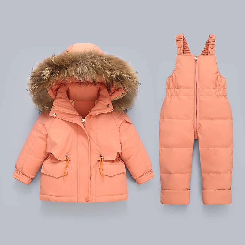 Children's Down Jacket Set 2023 New Baby Boys Toddler Girls Two-piece Set Real Fur Collar Suspender Pants Winter Outerwear