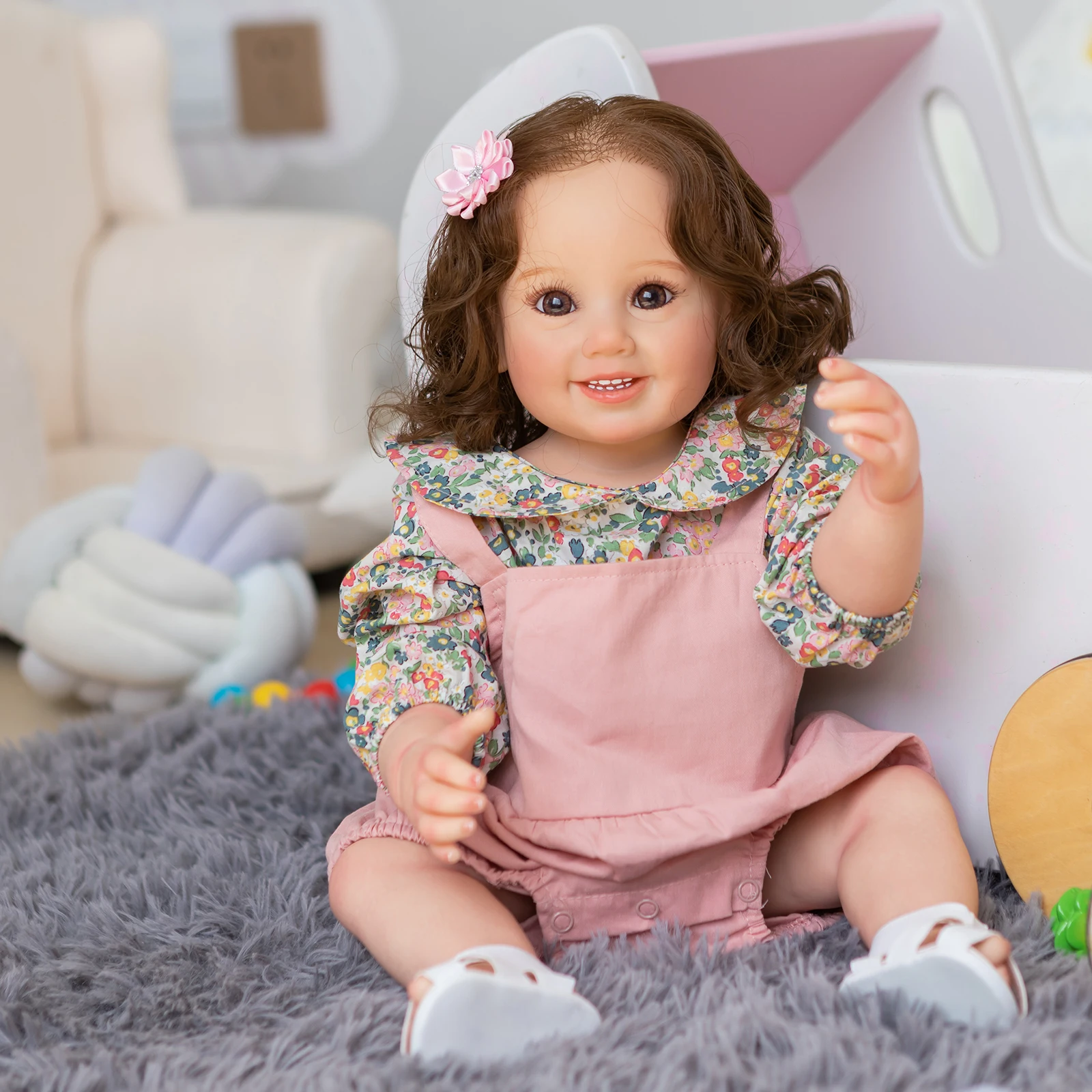 

NPK 55CM Lifelike Full Body Soft Silicone Reborn Baby Girl Cammi Smile Doll High Quality Handmade Doll Hand Root Hair