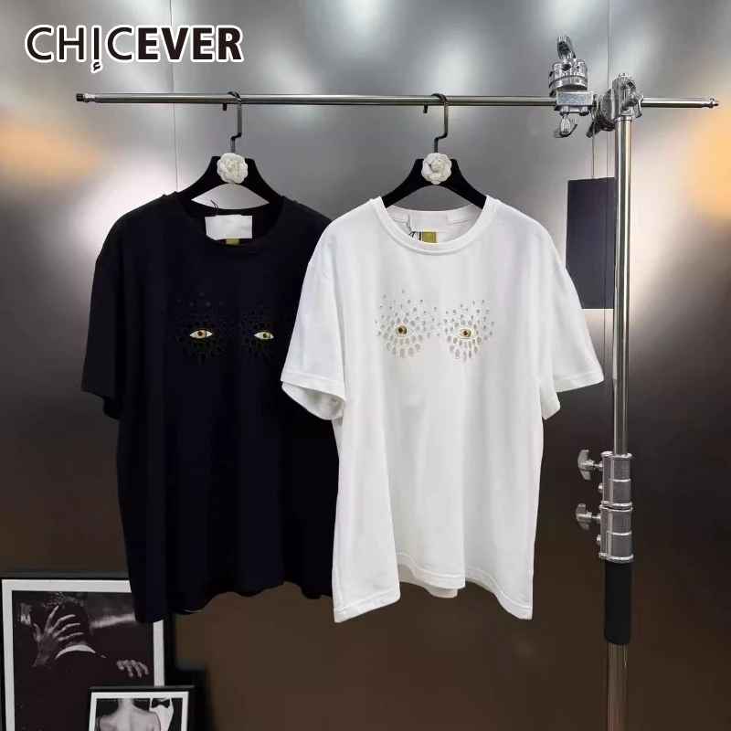 

CHIEVER Solid Spliced Eye Embroidery Streetwear T Shirt Female O Neck Short Sleeve Loose Trendy Cool Women's T Shirts Fashion