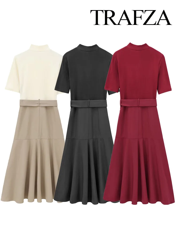 TRAFZA Women New Fashion Dresses Solid O-Neck Half Sleeves Belt Decoration Female Summer Casual Slim Long Dresses 3 Color