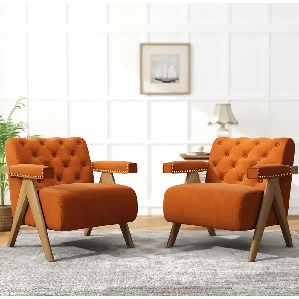 

Mid Century Modern Accent Chair Set of 2 with Wood Arms and Legs, Comfy Upholstered Velvet Wide Armchair