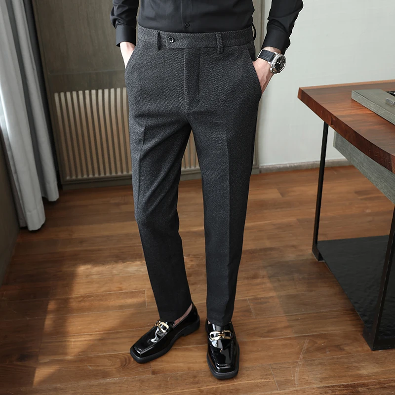 Winter Gray Men Suit Trousers Business Casual Pants Men Fashion Slim Mens Pants Size Pantalones Hombre Spring Autumn Man Slacks