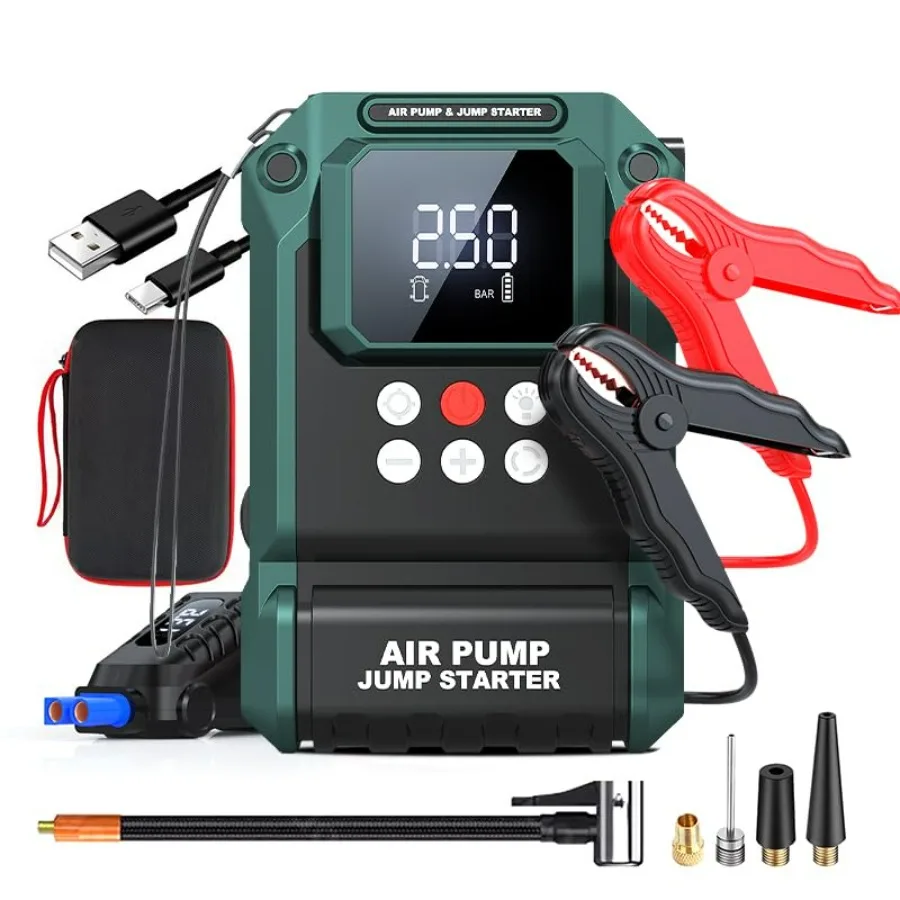 

Portable 21800mAh 12V Jump Starter with Air Compressor 2000A 150PSI LCD Display Smart Jumper Cable LED Lights for Gas/12.0L Die