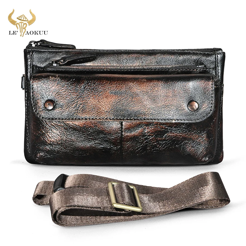 

Hot Sale Soft Genuine Leather men Retro Design Fanny Waist Belt Bag Chest Pack Travel 7" Phone Cigarette Case Pouch Male 8136