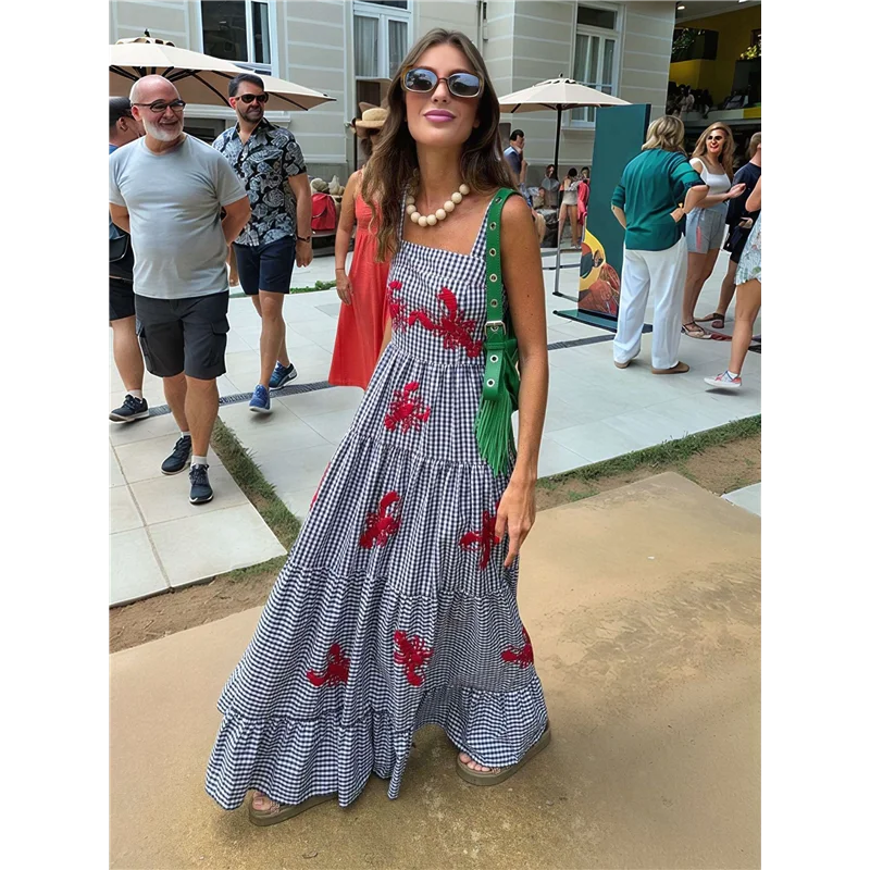 FX-femmes robe Maxi brodée sans manches smockée robe d'été fluide Boho robes longues d'été plage Vocation