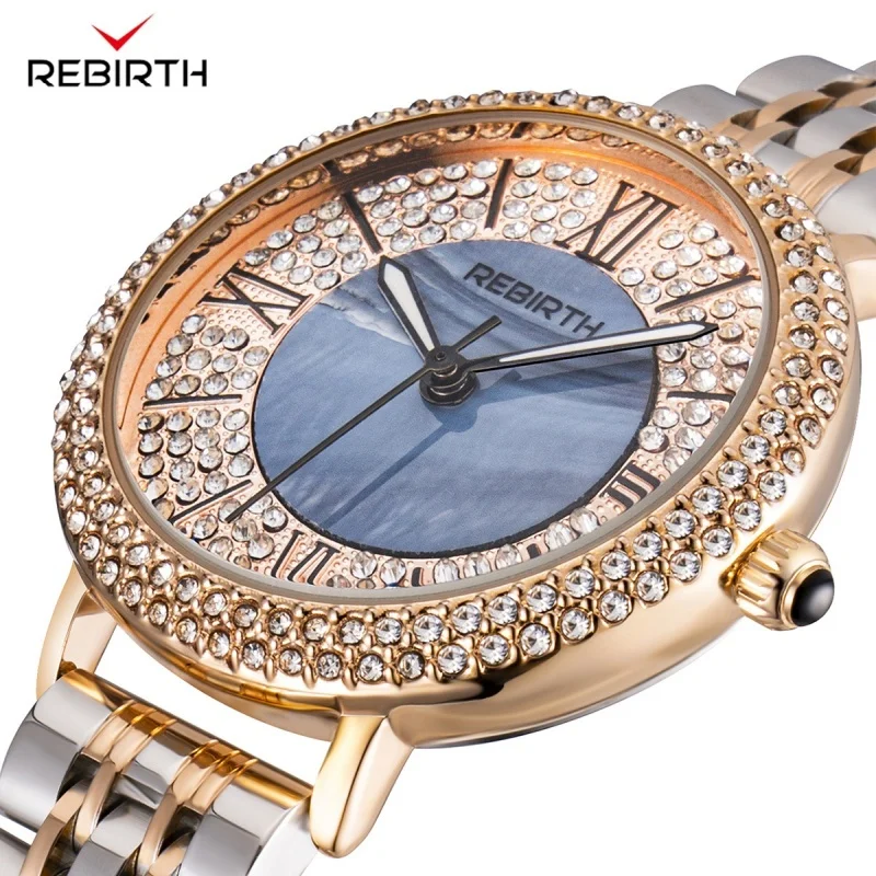 REBIRTH 038 Brand Fashion Ladies Quartz Watch Elegant Rhinestone Dial Stainless Steel Strap Waterproof Casual Watches for Women