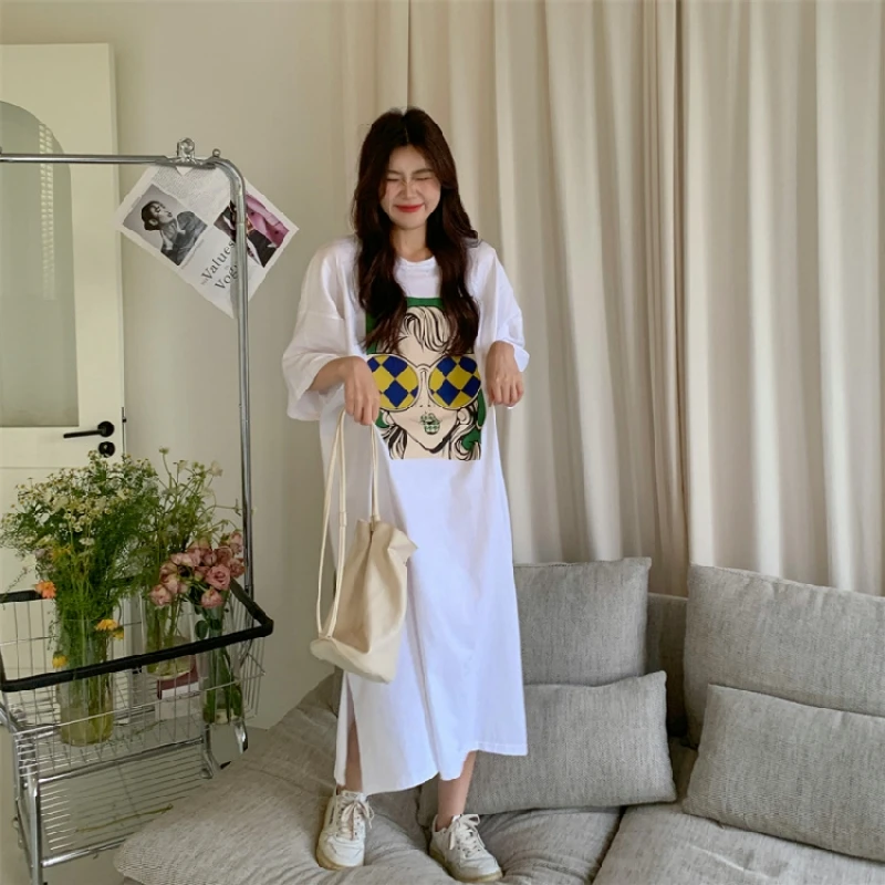 Abito t-shirt a maniche corte larghe Abito estivo da donna Nuovo stile Taglie forti Copri pancia Abiti a mezza manica soprabito a metà polpaccio