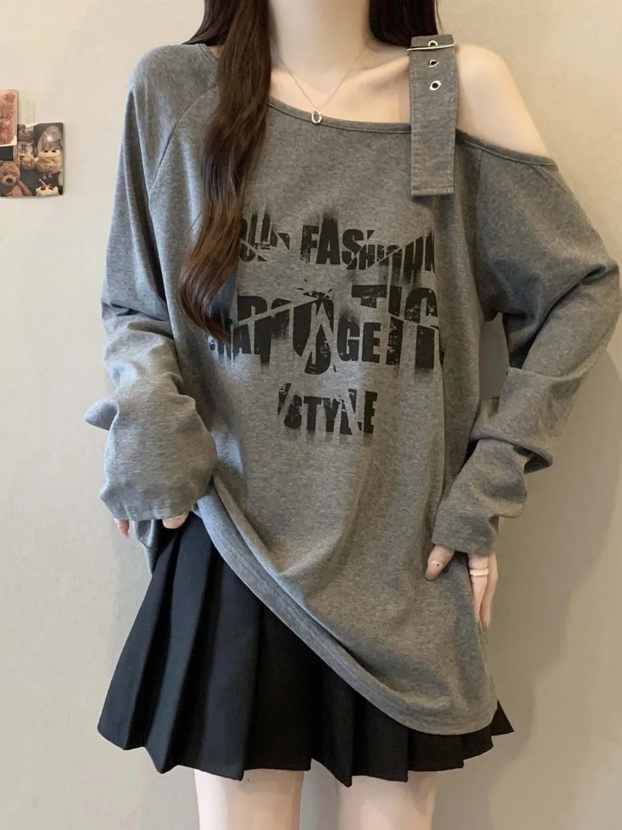 

Женская футболка больших размеров с американским буквенным принтом, открытыми плечами, длинными рукавами, свободного кроя, с эффектом стройности, повседневный модный топ