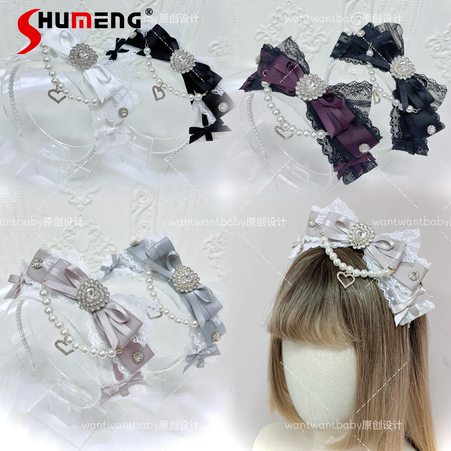 

Japanese Mass-produced Mine Style Lace Pearl Chain Bow Headbands Sweet Cute Versatile Lolita Hair Accessories Women Headwears