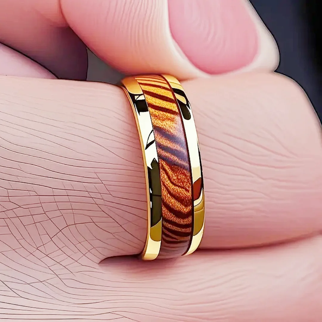8MM Unique Tiger Stripe Men's Stainless Steel Rings Gold Color Wedding Band Personality Jewelry Party Steel Ring Mens Ring view 3