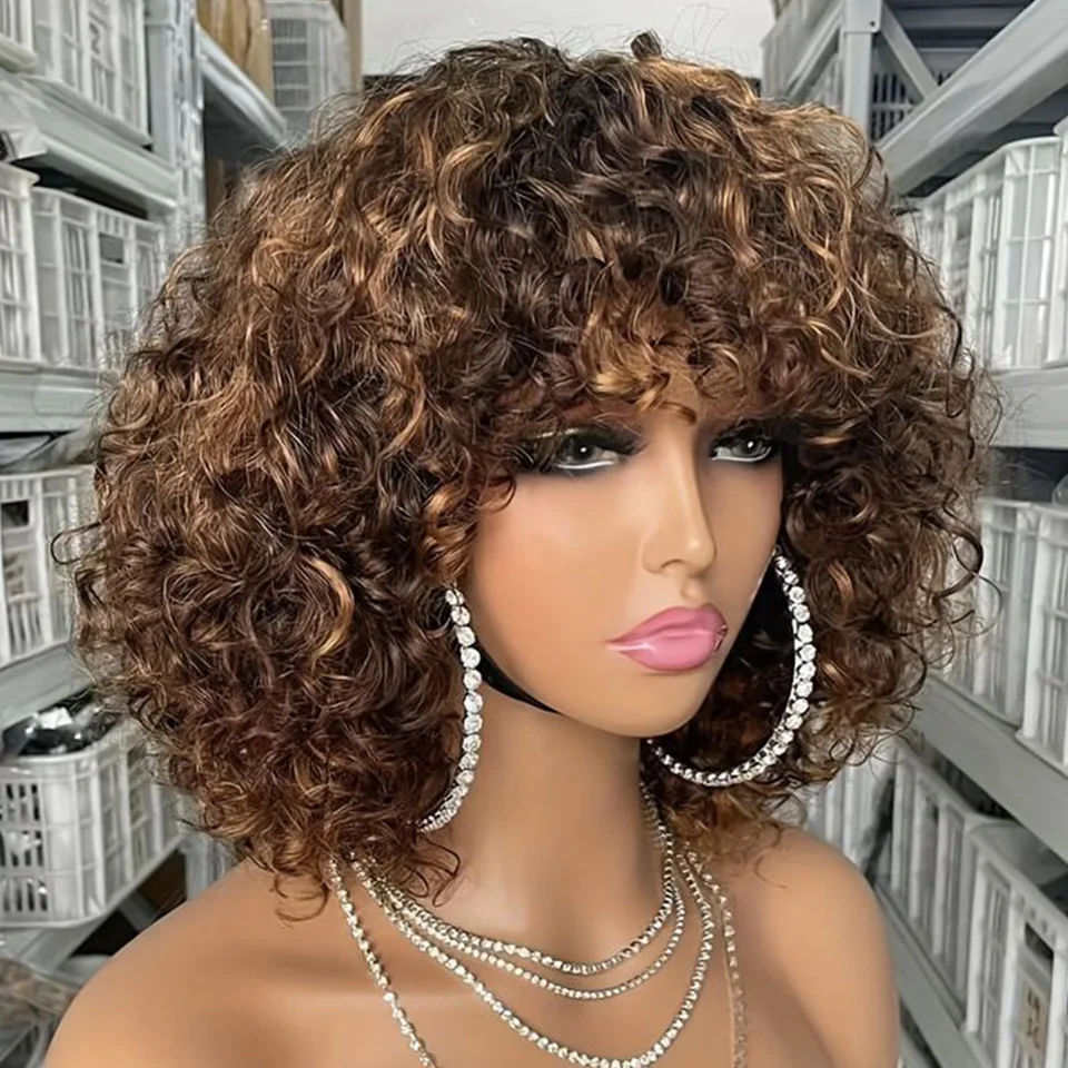 

Дебютные короткие парики из натуральных волос Pixie Bob с челкой Jerry Curly Full Machine Wig Highlight Honey Blonde Цветные парики для женщин