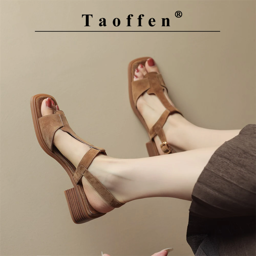 

Taoffen Casual Kid Suede Women's Sandals Square Heel T-Tied Roma Buckle Sandals Open Toe Retro Solid Slingback Shoes New Trend