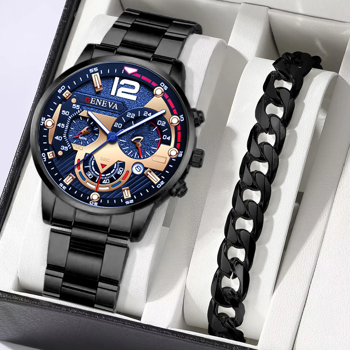 남성용 실버 쿼츠 시계, 스테인레스 스틸 밴드, 비즈니스 시계 팔찌 세트, 상자 없음, 2 개