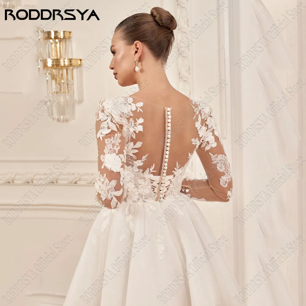 RODDRSYA-vestidos de novia cortos de encaje, vestidos de novia con cuello redondo, mangas largas, apliques de línea a, tul con cordones, 2024Vestido de novia de encaje corto roddrsya vestido de novia de cuello o manga