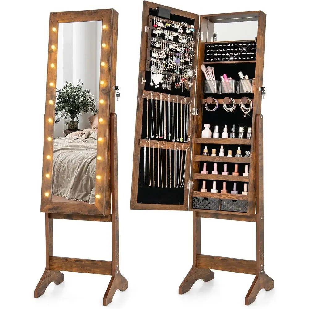 

Freestanding Lockable Jewelry Cabinet with 20 LED Lights, Full-Length Mirror, Adjustable Angles, Rustic Brown Finish