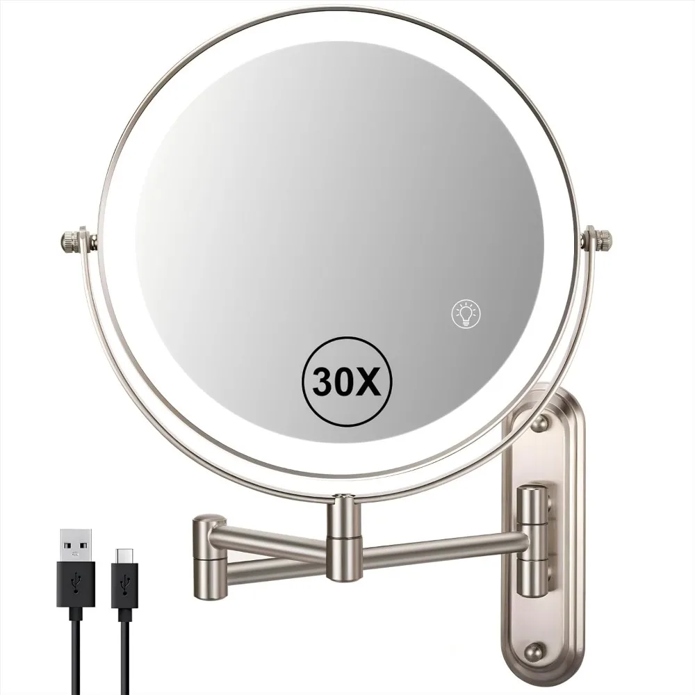 

Настенное зеркало для макияжа 30X с подсветкой, 3 цветовых режима с регулируемой яркостью и двусторонней регулировкой, зеркало для макияжа в ванной комнате с 3 часами