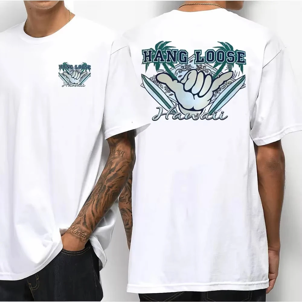 

Hawaiian Style Men's Casual T-shirt Island Hanging Pine Shaka Surfboard Men's and Women's White Cotton Tee Retro Beach Surf Tops