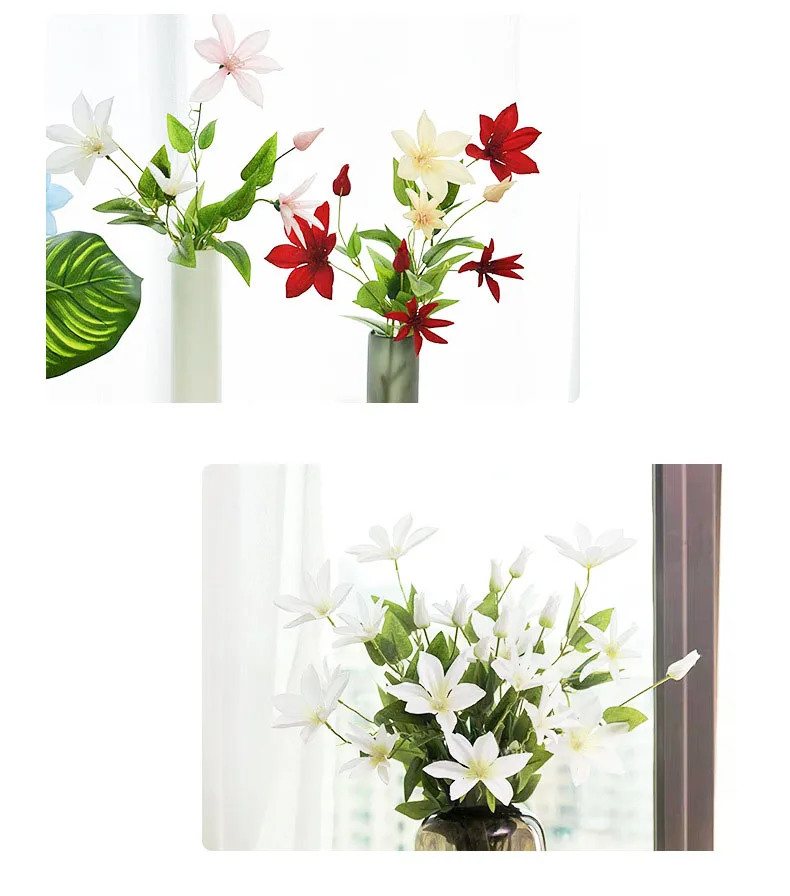 10 Stück Künstliche 3-köpfige Klematis-Lotus-Seidenblumenzweige für Hochzeitsdekoration, Party-Hintergrund, Blumenarrangements, Heimdekoration – Detail 4