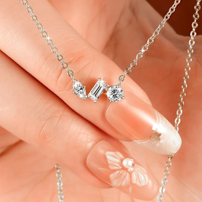 Anziw D Moissanite Asymmetric Personalized Three Stones Hoop Earrings & Necklace for Women 14K Gold Filled Wedding Jewelry Gift - view 3