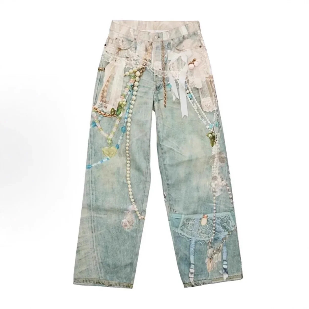 2025 New 3D Printed Lace Pearl Chain Printed Vintage Denim Jeans High Waist Straight Leg for Men And Women Trendy High Street St