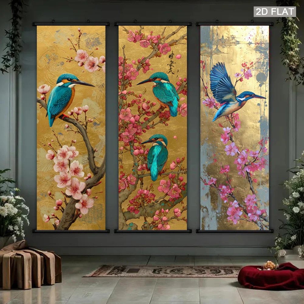 VIKAMA Chinese Style Kingfisher Tapestry, Peach Blossoms Flower Bird Wall Scroll, Vintage Poster, Home Wall Hanging Decor
