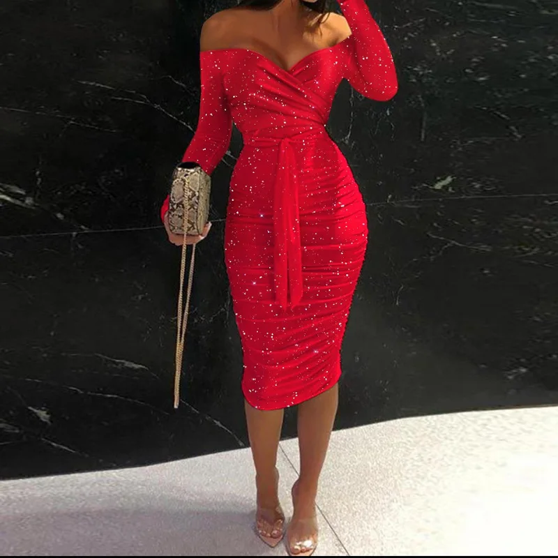 

Women Sexy Off Shoulder Bodycon Cocktail Dress Vintage V-Neck Long Sleeve Mermaid Sequin Club Party Dresses Elegant Evening Robe