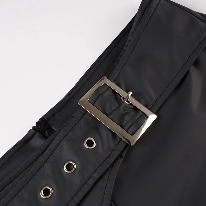 スパイスガールズ風バックルベルトPUレザーショートパンツ レディース レトロ ナイトクラブ セクシー ローウエスト ヒップラップ レザーショートパンツ