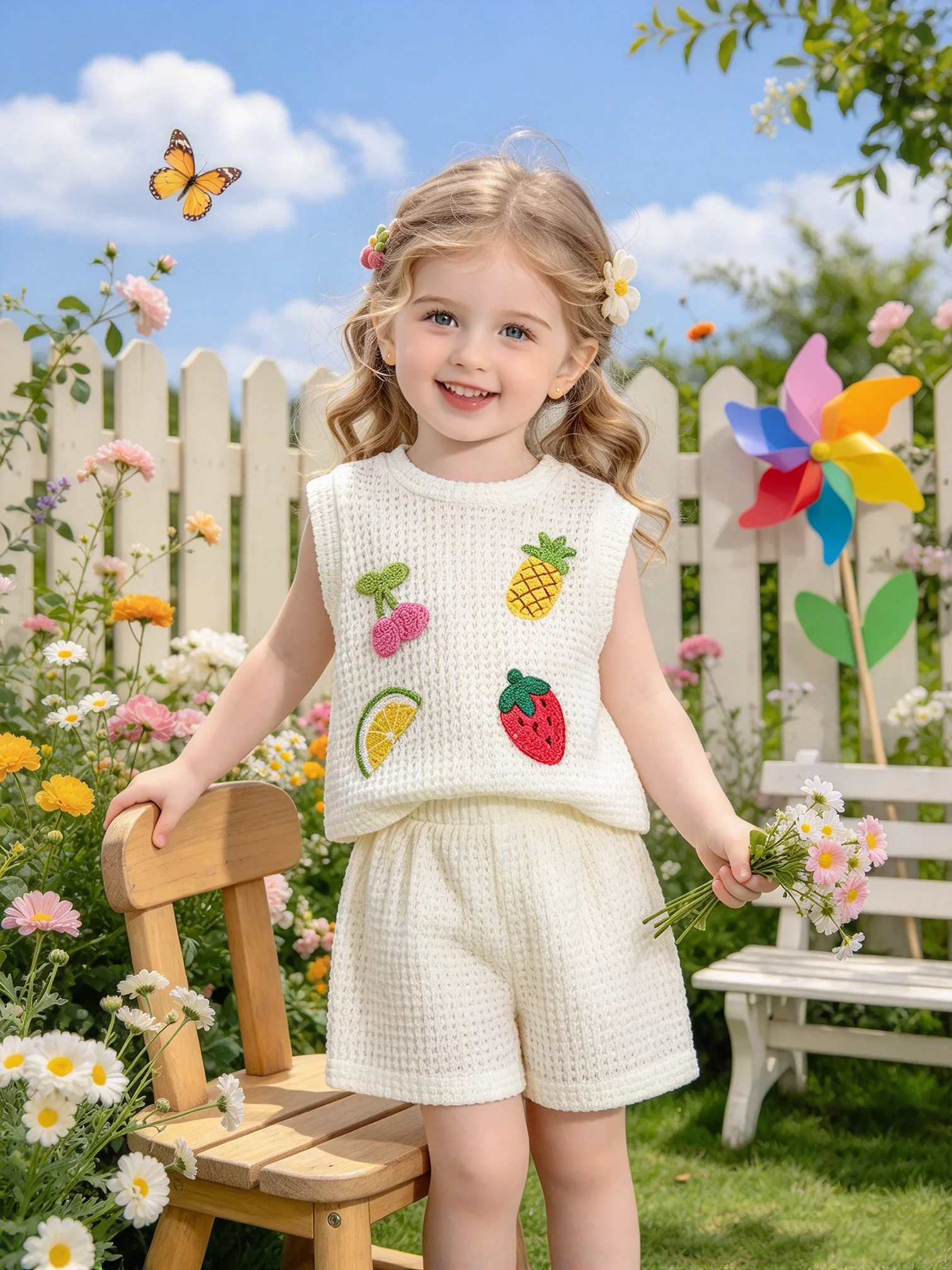 Kids' Fruit Pattern round Neck Sleeveless Knitted Top with Elastic Waistband Shorts Set Solid Color Bottom