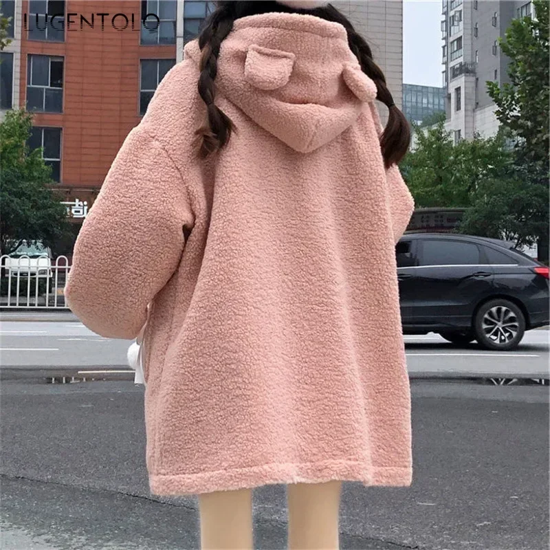 Women Cute Hooded Sweatshirts Japanese Bear Embroidery Autumn Winter Plush Bow Loose New Comfort Coat Clothing Lugentolo