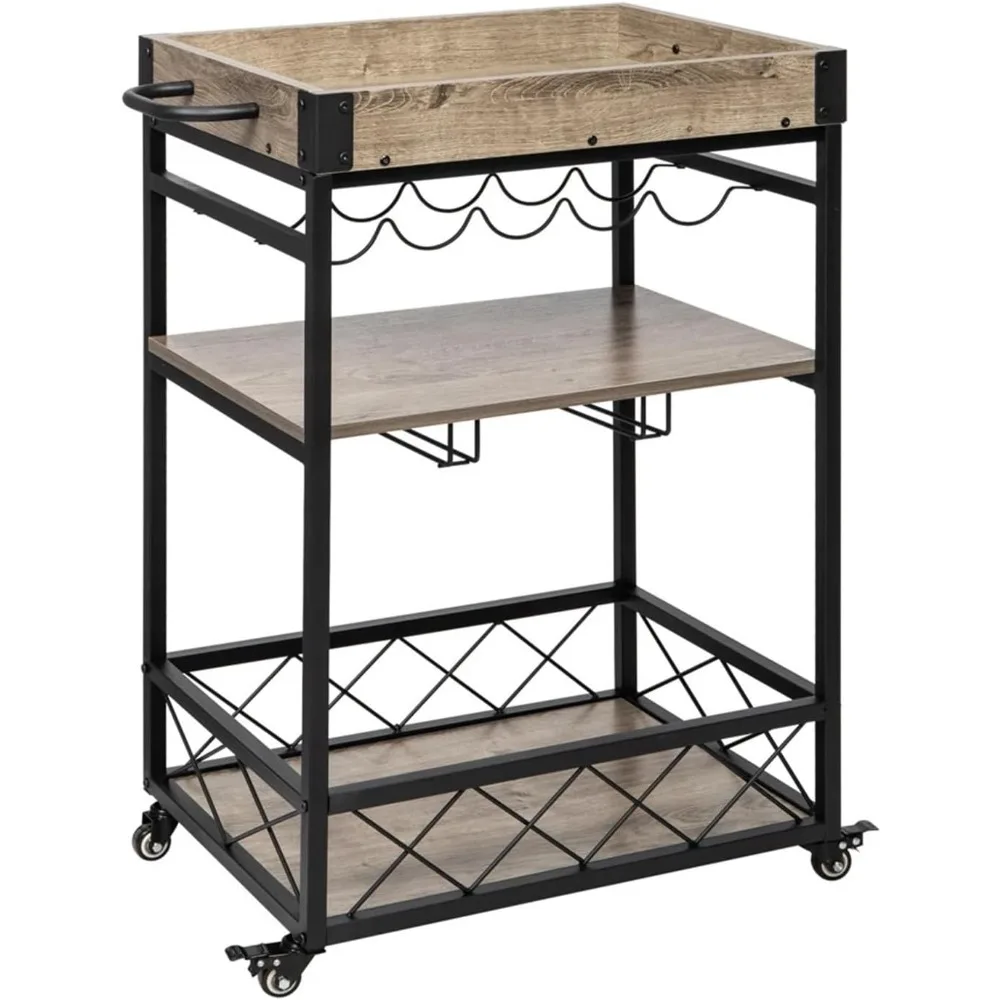 

Kitchen Island Trolley Bar Serving Cart,Home Mobile Kitchen Storage Cart,Industrial Vintage Style Trolley Hold 5 Wine Bottles&9