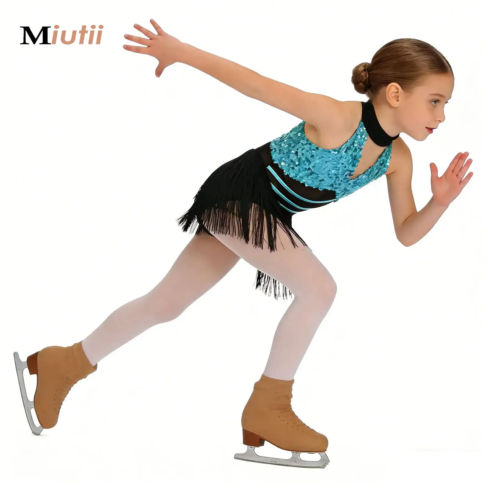 

Girls Sequins Modern Jazz Latin Samba Leotard Halter Tank Leotard Tassel Dress School Ballroom Dancewear Performance Costume