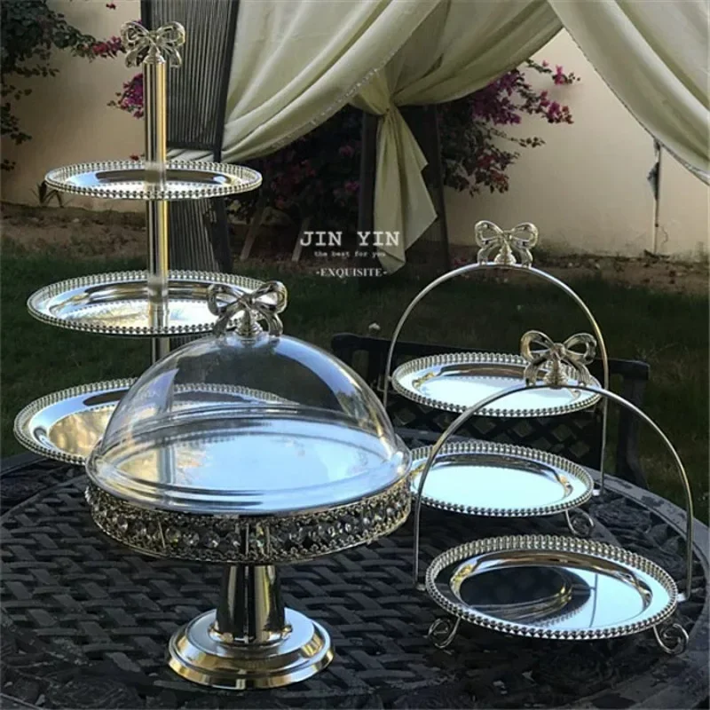 

European style dessert table set metal Dim sum tray afternoon tea rack with lid cold meal display tray silver plated