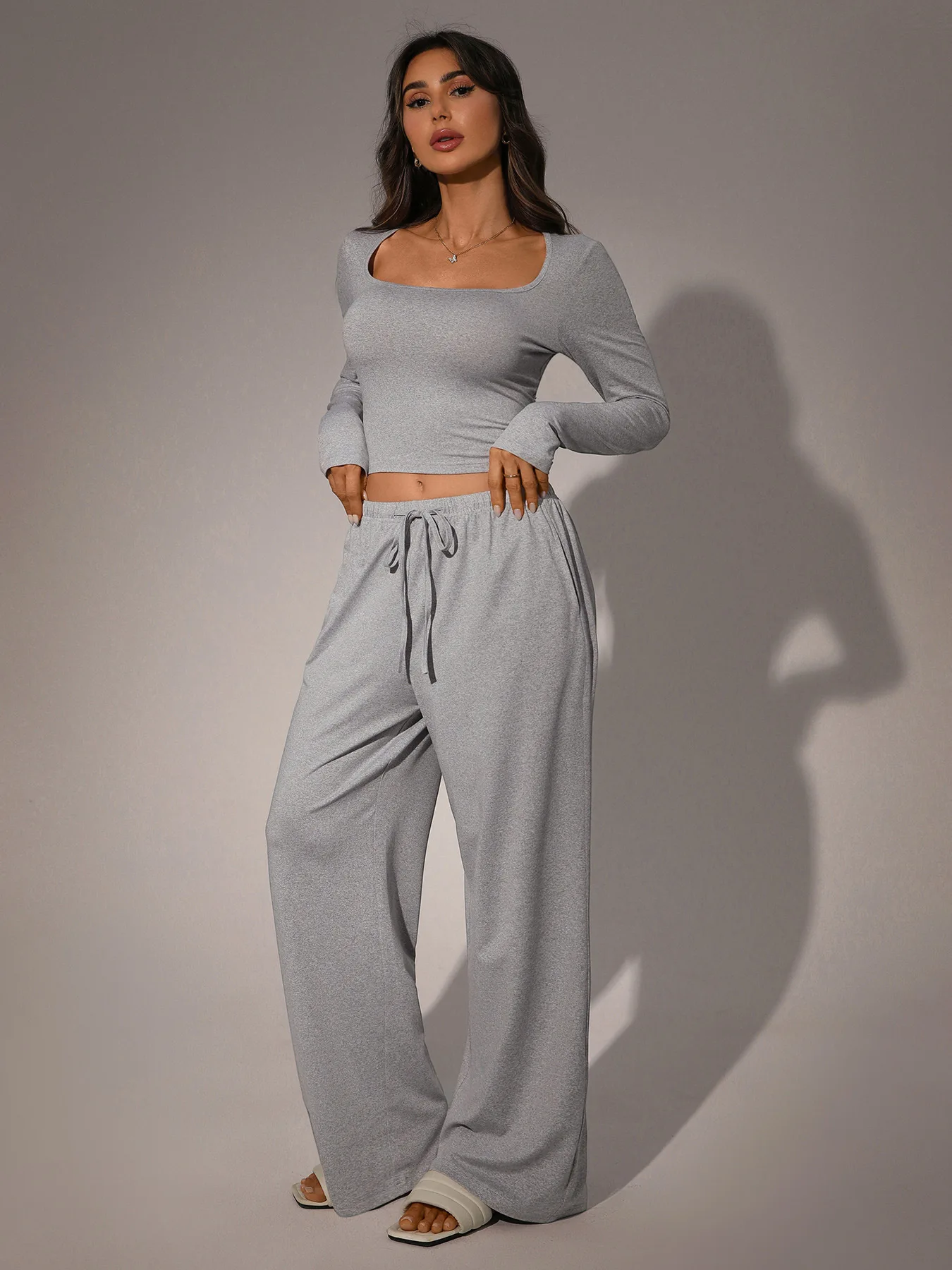 Spring Autumn Casual Sports Suit Solid Color Simple Slim Daily Short Long-sleeved Square Collar Top Wide-leg Pants Two-piece Set