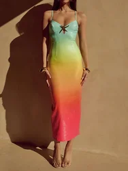 V Neck Patchwork Gradient Fashion Maxi Dress, Women Summer Sleeveless Slim Pencil Dress, 2024 Backless Sexy Ladies Dress Vestido