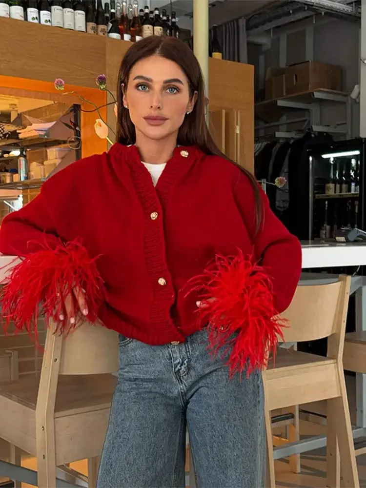 Women Fashion Cuff Feather Spliced Knitted Cardigan Elegant Red Single Breasted Long Sleeved Outwear Autumn Lady High Streetwear