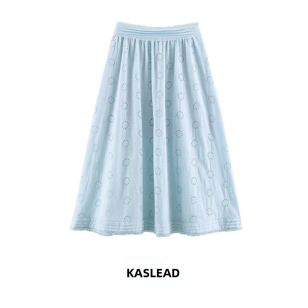KASLEAD New Women's Fashion Slimming Versatile Embroidered Midi Skirt Standard Fit A-Line Summer Season Polyester Fiber
