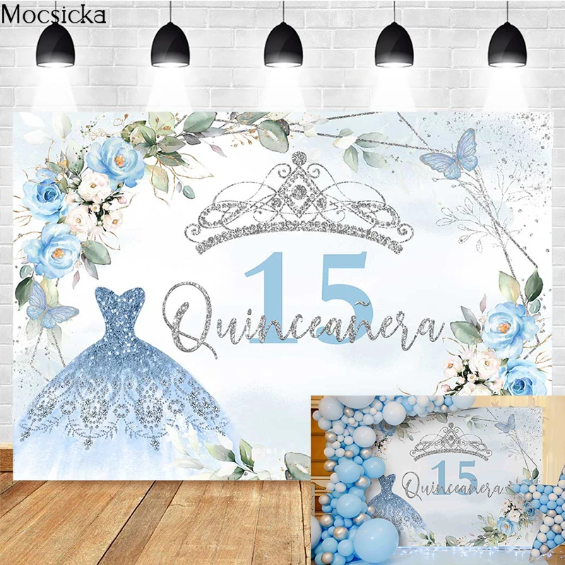 

Mocsicka 15th Happy Birthday Photography Background Glitter Crown Decoration Princess Girl Party Photo Backdrop Banner