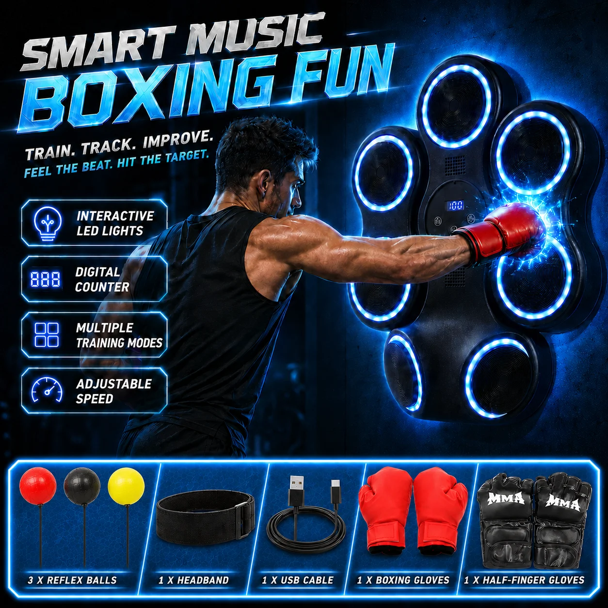 5W Interactive Punching Trainer, Wall Mounted Electronic Boxing Target with Lighting and Music, Smart Boxing Machine for Professional Boxers, Fitness People view 4