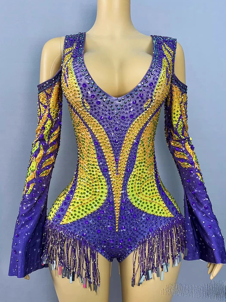 高品質ラインストーンVネックオフショルダータッセル付き伸縮性ジャンプスーツ2025新作ファッションカスタムレディース服