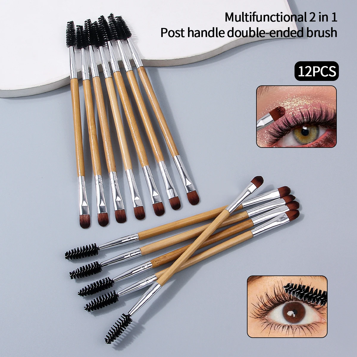 Ensemble de pinceaux de maquillage pour les yeux multifonctionnels à Double extrémité, brosse pour fard à paupières et brosse à cils avec manche en bambou, outils de beauté professionnels, 12 pièces