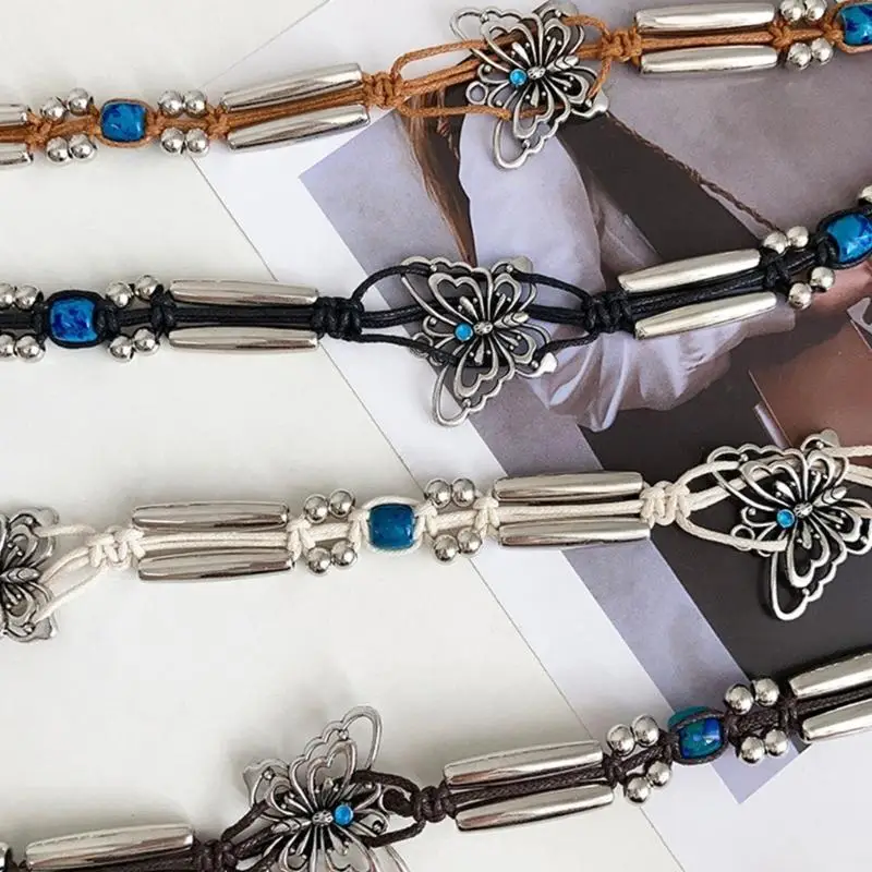 652F حزام خصر نسائي سلسلة ربط حزام فراشة خرز منسوج لفستان كاجوال جينز