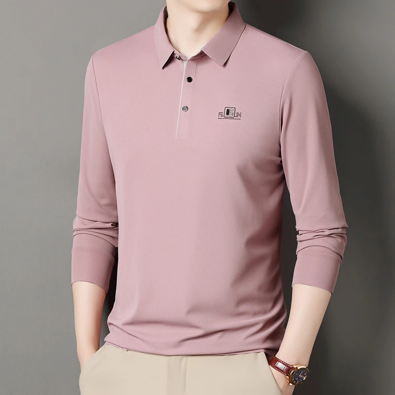 

Мужская бесшовная футболка с длинными рукавами на весну и осень 202, новая базовая рубашка-поло среднего возраста для мужчин