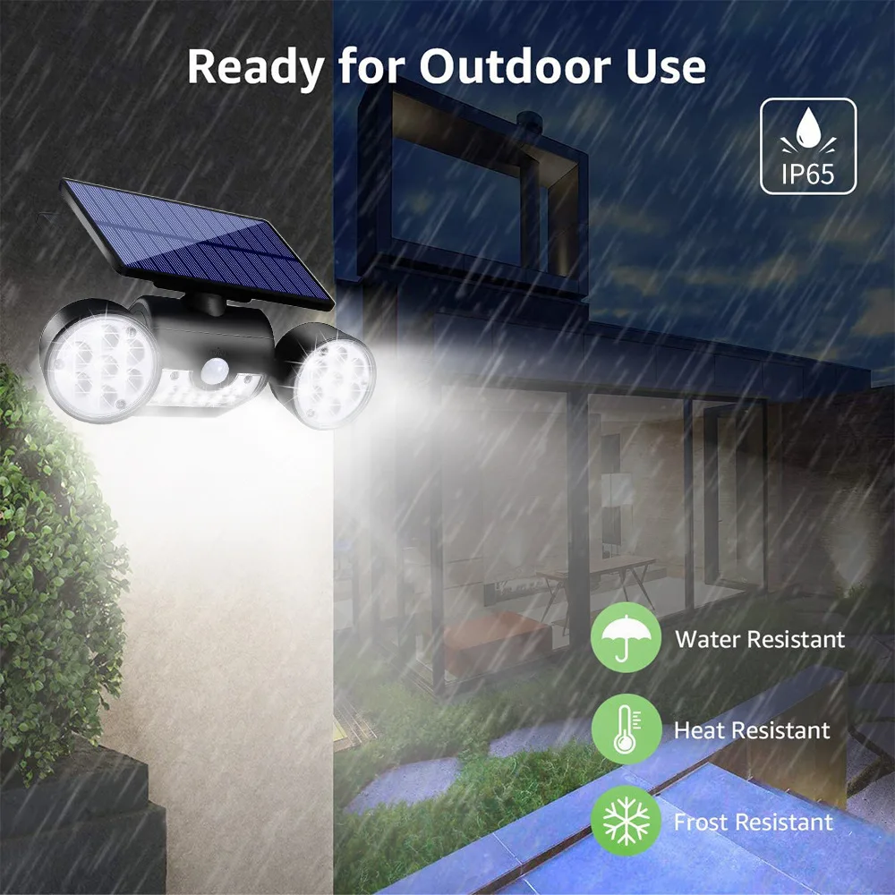 Solar Lights Outdoor IP65Waterproof 3 Heads Motion Sensor Security Solar Lights 30 LED 360°Adjustable Head Spotlights for Garage