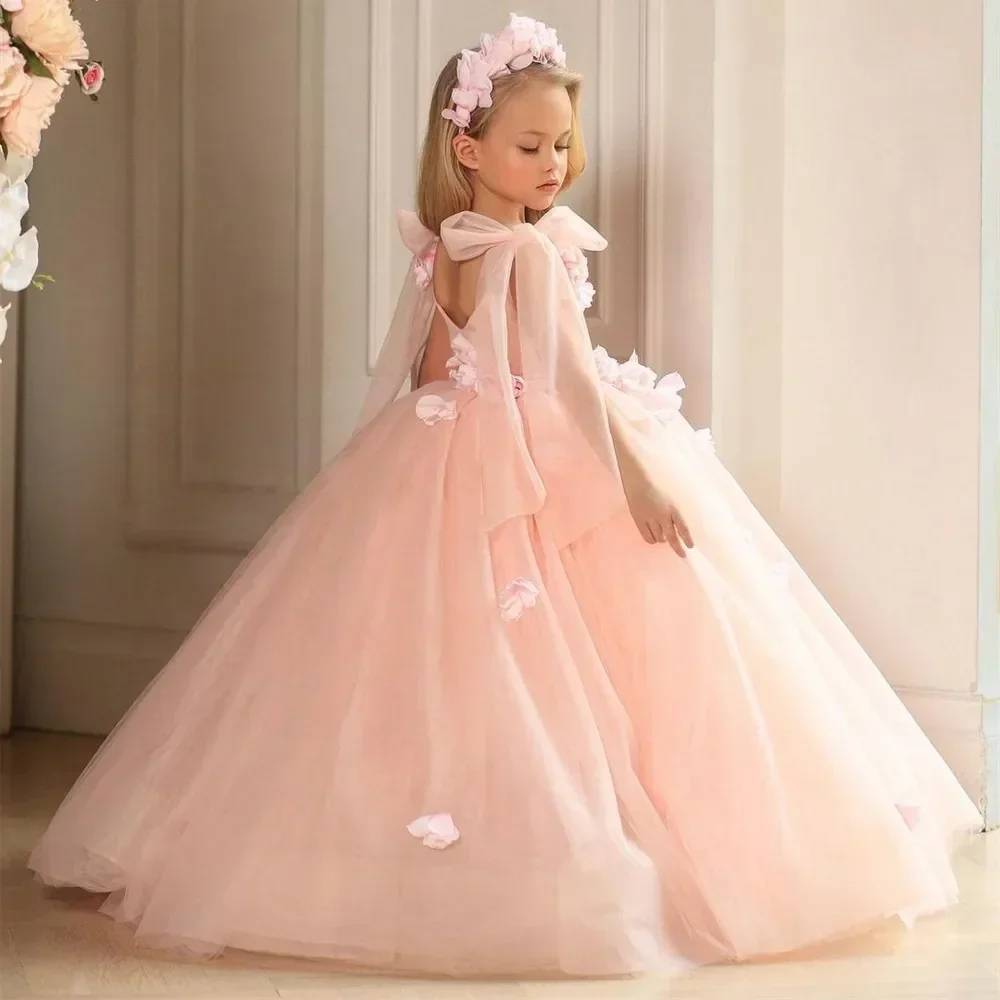 Blush Flower Girl Dresses Appliques Sleeveless Fluffy Kids Child Princess Wedding Birthday Party First Communion Holiday