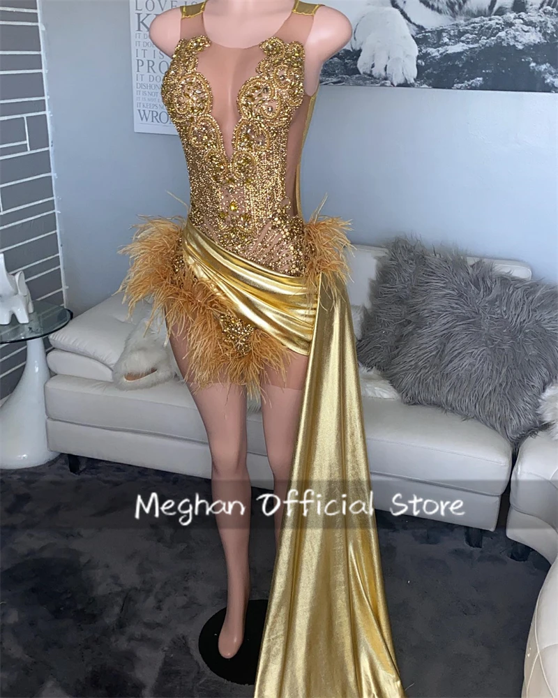 Gold Short Prom Dress Bead Crystal Rhinestone 2024 Birthday Luxury Dress Feather Mini Cocktail Homecoming With Train Customized